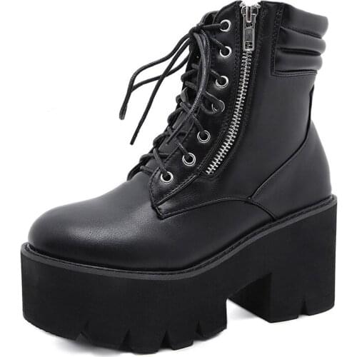 Autumn Ankle Boots For Women Motorcycle Boots Chunky Heels Casual Lacing Round Toe Platform Boots Round toe platform Shoes Femal