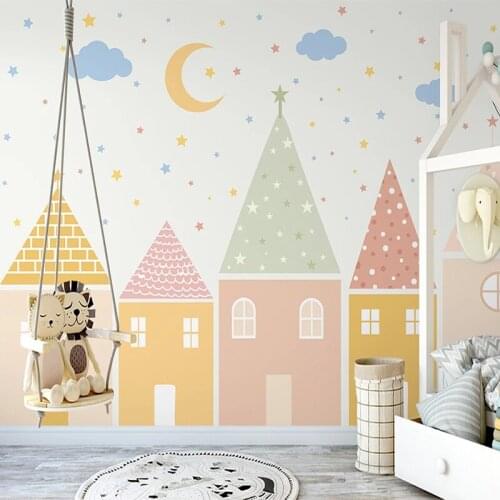 Custom Mural 3D Hand Painted Stars Moon Cartoon House Photo Wallpaper For Kids Room Bedroom Decoration Non-woven Papel De Parede