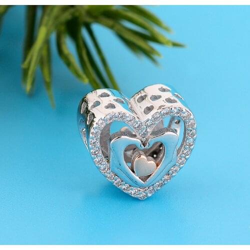 Rose Gold Color Heart Openwork Charms Fit Original Necklace Bracelets DIY Jewelry Making Women 925 Sterling Silver Hand Beads
