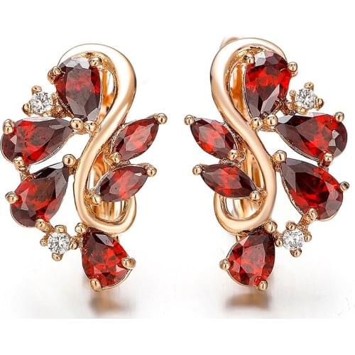 Harong Rose Gold Earring Red Crystal Cubic Zirconia Stud Earring Trendy Jewelry Party Cute Romantic Earrings Womens Girl Gift