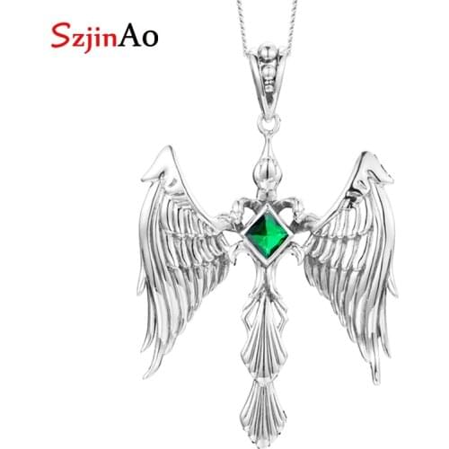 SzjinAo Luxury Elegant Angel Solid 925 Sterling Silver Emerald Pendant May Birthstone Fine Brand Jewelry Women Accessories