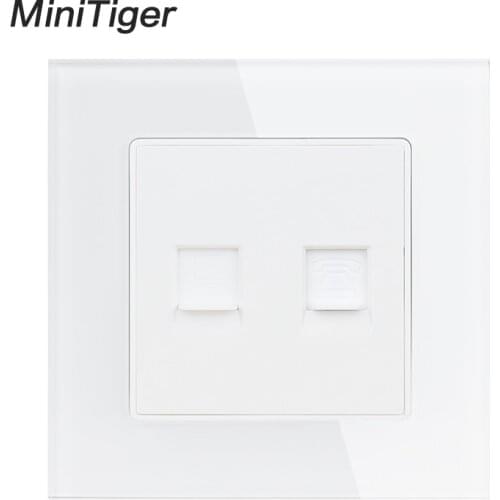 Minitiger White Luxury Crystal Glass Panel 1 Gang RJ11 Telephone With RJ45 Internet Jack CAT6 Connector Computer Outlet Socket