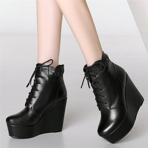 Punk Oxfords Shoes Women Cow Leather Wedges Super High Heel Platform Winter Pumps Round Toe Hight Top Punk Sneakers Casual Shoes