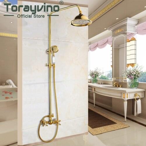 Bathroom Shower Gold Brass Shower Set Mixer Tap Faucet Rainfall Sprayer Shower Head Round Wall Mounted Water Tap Sets