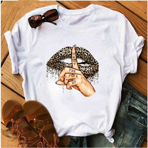 LINNA Leopard print lip print ladies T-shirt short-sleeved lip T-shirt white top Harajuku Korean street top T-shirt