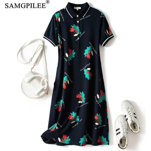 Woman Clothing Polo Collar Print Dresses 2021 Summer Comfortable Cotton Short Sleeve Knee Length Plus Size Dress Women Plus Size