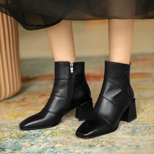 2021 Women Shoes Women Boots Winter Square Toe Zip Ankle Boots Zapatos De Mujer Womens Chunky Boots Grown Genuine Leather