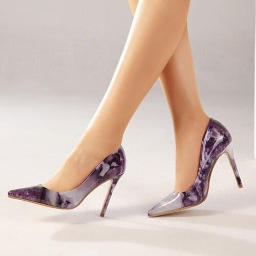 Marble stone grain over high heels women shoes slip on pointed toe woman pumps colors block princess stilettos large size 35-42