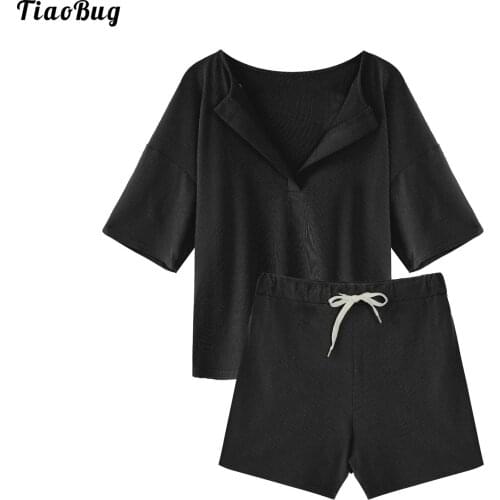 TiaoBug 2Pcs Women Summer Casual Suit V Neck Short Sleeves T-Shirt And Shorts Set For Gym Yoga Fitness Leisure Sportswear