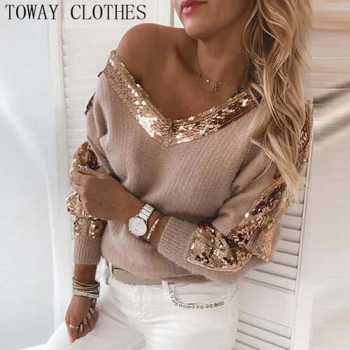 Women Autumn Winter Patchwork V-Neck Sequins Fluffy Long Sleeve Sweater Women Elegant Top