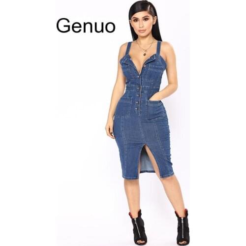 Genuo New 2020 Summer Women Denim Dress Sundress Cotton Sarafan Overall Dress Vintage Blue Casual Sexy Bodycon Jeans Dress