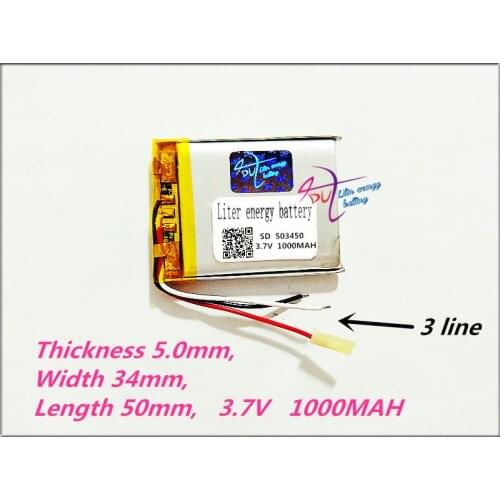 3 line 503450 3.7V 1000MAH PLIB; polymer lithium ion / Li-ion battery for GPS,mp3,mp4,mp5,dvd,bluetooth,model toy