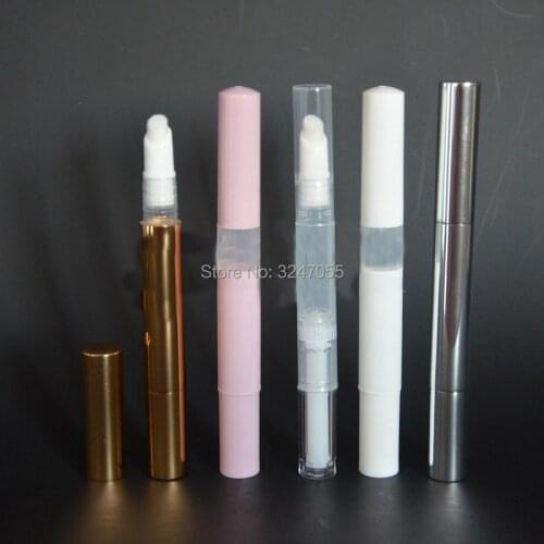 3ML 50pcs/lot Aluminum Gold Silver Disposable Twist Lip Gloss Bottle, DIY Plastic Pink Foundation Refillable Pen, Nail Oil Tube