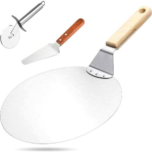 Pizza Peel 10 Inch, 3 Pcs Wood Handle Wheel Cutter Transfer Shovel Baker Tools For Baking Pizza And Cake On Oven & Gril
