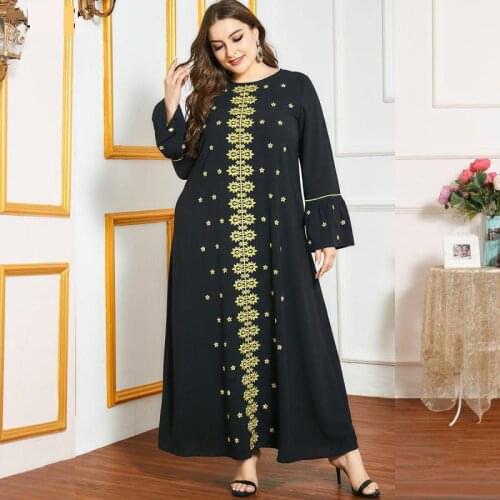 Oversized Ethnic Embroidery Long-sleeved Muslim Long Skirt Black Fashion Worship Robe Dubai Abaya Islamic Womens Clothing