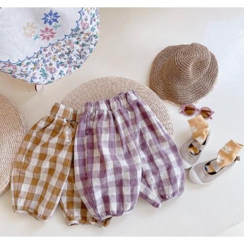 2021 new girls boys plaid long pants cotton linen summer cool kids pants