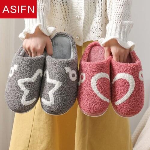 ASIFN Women Home Winter Fur Slippers Stars Men Indoor Couples Non-slip Thick Soles Cotton House Slippers Ladies Platform Shoes