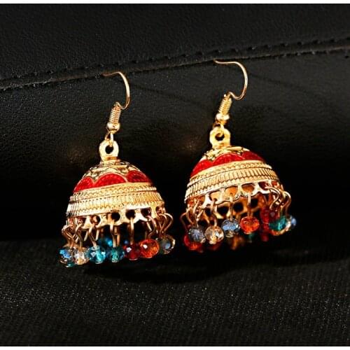 Ethnic Boho Beads Jhumka Earrings Womens 2020 Vintage Turkish Gold Carved Alloy Bollywood Bell Dangle Earrings