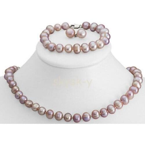 Hot selling Genuine 8-9mm Purple Freshwater Cultured Pearl Necklace Bracelet & Earrings Set