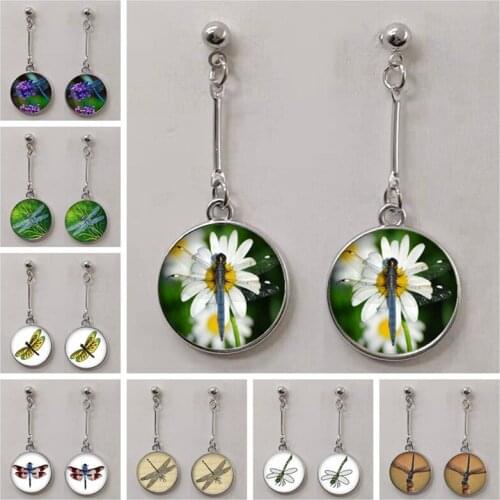 Beautiful dragonfly glass cabochon earrings Cute animal earrings Cute insect glass dome earrings Gifts for ladies and girls
