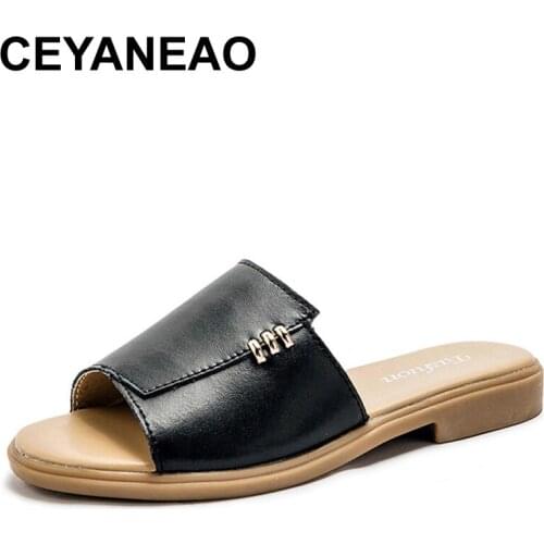 CEYANEAOsummer slippers women shoes cow leather flat casual shoes metal decoration open toe slides ladies sandals size 35-41