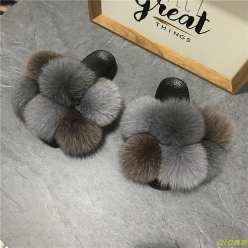 Pom Pom Fur Slippers For Women Fluffy Real Fox Fur Slides Furry Raccoon Fur Sandals Ladies Cute Fur Ball Flip Flops Rainbow Shoe