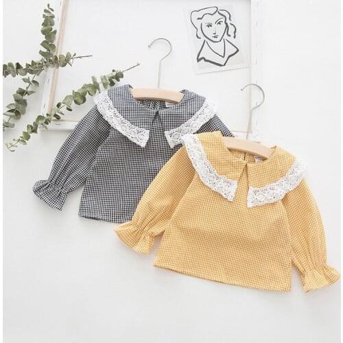 Cute Baby Girl Clothes 2021 Autumn New Lace Tops Turn-down Collar Cotton Girls Shirt Children Long-sleeved Plaid Shirts Blouses