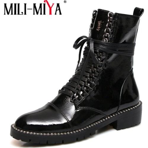 MILI-MIYA Patent Leather Women Motorcycle Ankle Boots Round Toe Rivet Footwear Low Heels Platform Autumn Office Ladies Shoes