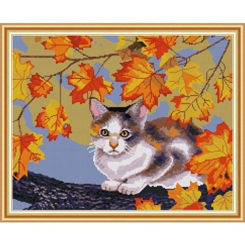 Cat and maple cross stitch kit aida 14ct 11ct count print canvas cross stitches needlework embroidery DIY handmade