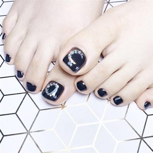 Shining beautiful black moon 3d false nails for toe Pure color lady full nail tips cute summer toe nails 24pcs fake nails