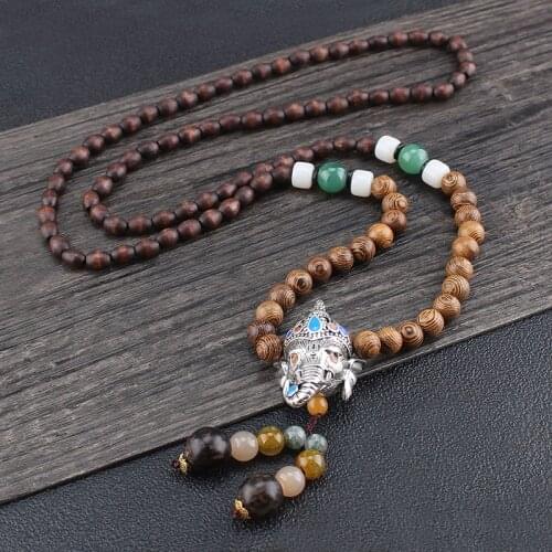 Punk Men Buddhist Elephant Ganesha/Dragon Pendant Necklace Handmade Wood Beads Long Sweater Necklace Buddha Statement Jewelry