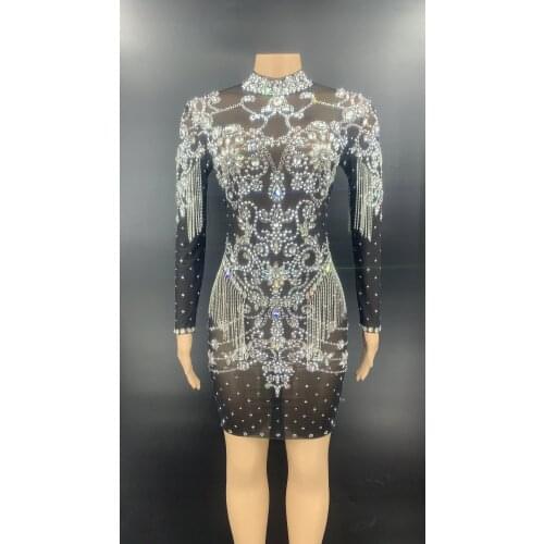 Full Stones Sexy Transparent Dresses Sparkly Crystals Chains Dress Fringes Female Singer Evening Birthday Party Stage show wear