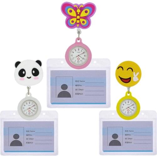 Popular Lovely Cartoon Smile Butterfly Penda Silicone Nurse Doctor FOB Pocket Watches With Hard Plastic Name Card Holders Clock