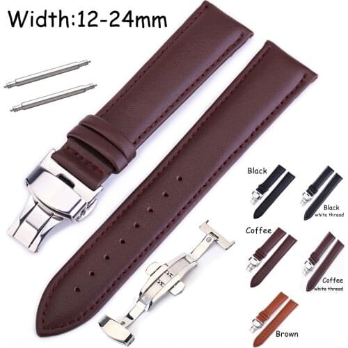 Replacement Watch Band 12mm 14mm 16mm 18mm 19mm 20mm 22mm 24mm Genuine Leather Strap Butterfly Buckle Wrist Watchband Bracelet