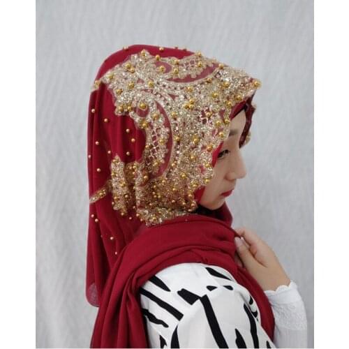 Luxury Beaded Chiffon Scarf Hijab Women Solid Soft Long Muslim Scarves Islam Wraps Head Scarf Turkish Turban Shawl Headscarves