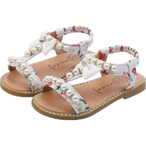 2021 hot Girls fashion print princess shoes Girls Open Toe Pearl sandals child Soft-soled non-slip Roman sandals size 21-30