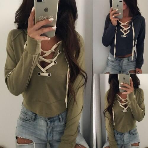 2018 Fashion Women Ladies Spring Summer Long Sleeve Hooded Sweatshirt Loose Casual Pullover US Lace up Cross Bandage Solid