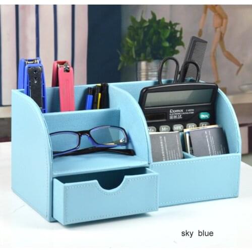 Home Office Storage Box Wooden PU Leather Makeup Organizer 6 Slot Remote Controller Desk Stationery Pen Pencil Holder Container