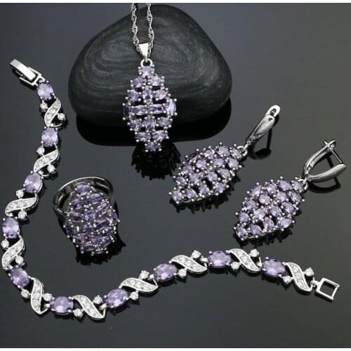 925 Sterling Silver Jewelry Sets for Bride Wedding Accessories Purple CZ Earrings/Pendant/Necklace/Ring/Bracelet