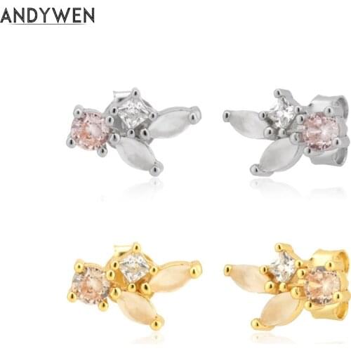 ANDYWEN 925 Sterling Silver Gold Leafs Champagne Zircon CZ Stud Earring Piercing 2021 Women Wedding Jewelry Clips Pendientes