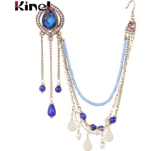 Kinel Indian Jewelry Earring link Headdress Women Antique Gold Blue Natural Stone Tassel Earrings Vintage Wedding Accessories