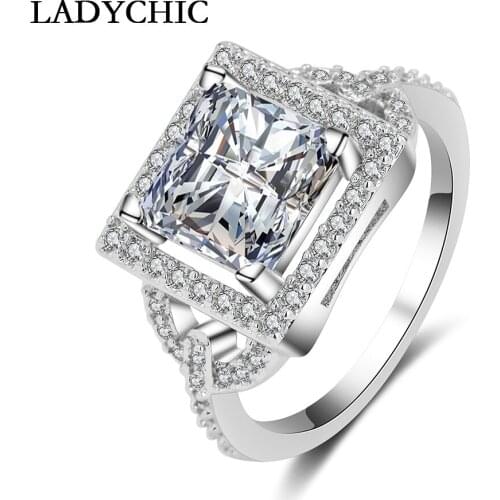 LADYCHIC Luxury White Gold Color Princess Cut Big Clear Cubic Zirconia Ring Fashion Style Crystal Jewelry for Women Gift LR1035