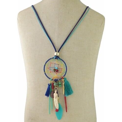 Handmade Bohemian Ethnic Long Feather Necklace Women Boho Leather Chain Tassel Bead Necklace Pendant Vintage Jewelry Accessories