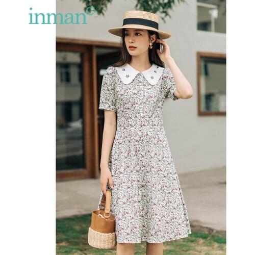 INMAN Floral Print Summer Dress Cute Women A Line Flower Embroidery Turn Down Collar Pastoral Vintage Ladies One Piece