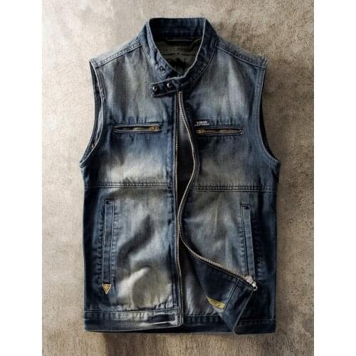 Mens Stand Collar Motorcycle Biker Denim Vest Vintage Blue Zipper Cowboy Wasitcoat Young Man Casual Sleevless Jean Jackets Coats