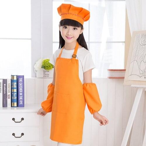 1Set Children Aprons with Chef Hats Solid Color L/XL Cooking SuppliesSolid Color Anti-fouling Child Painting Craft Polyester