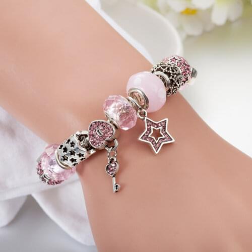 2019 European Murano Pink Crystal Beads Bracelets & Bangles Silver Color Crystal Star Charms Bracelet for Women Jewelry B17021