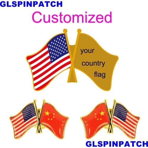 U.S.A. Crossed Friendship Flag Double Country lapel pin Brooch USA UK France Chile Russia Saudi Arabia Japan Spain Badge