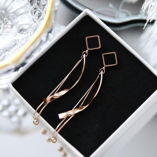 YUN RUO Square Snake Chain Tassel Stud Earring Rose Gold Color 316 L Stainless Steel Fashion Jewelry woman Gift hypoallergenic