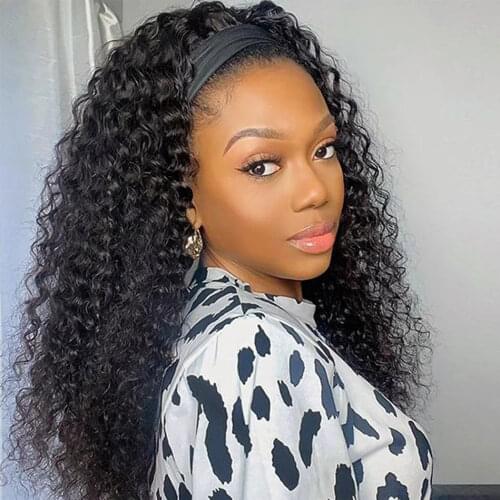 Water Wave Headband Wig Deep Wave Human Hair Headband Wig 8''-30" Scarf Wig Brazilian Curly Wave Virgin Human Hair Wig for Women